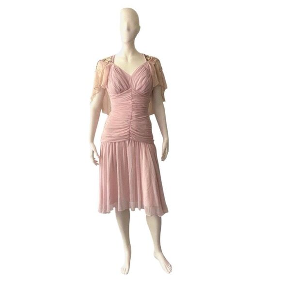 Vtg Norman’s Atlanta Pink Ruched Chiffon Cocktail Dress Beaded Capelet Small - Picture 1 of 16